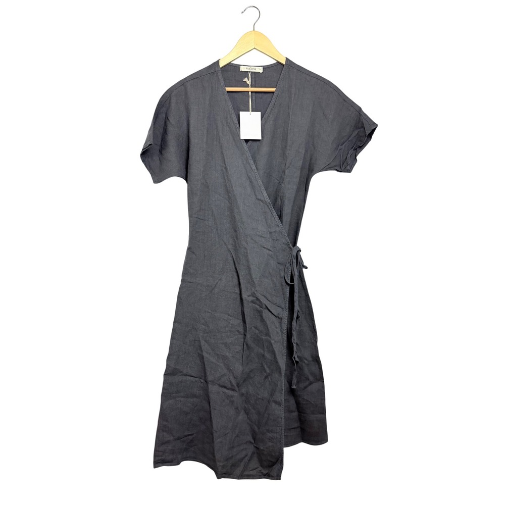 Filosofia Linen Wrap Dress Charcoal Gray Short Sleeve Midi V-Neck Size M NEW